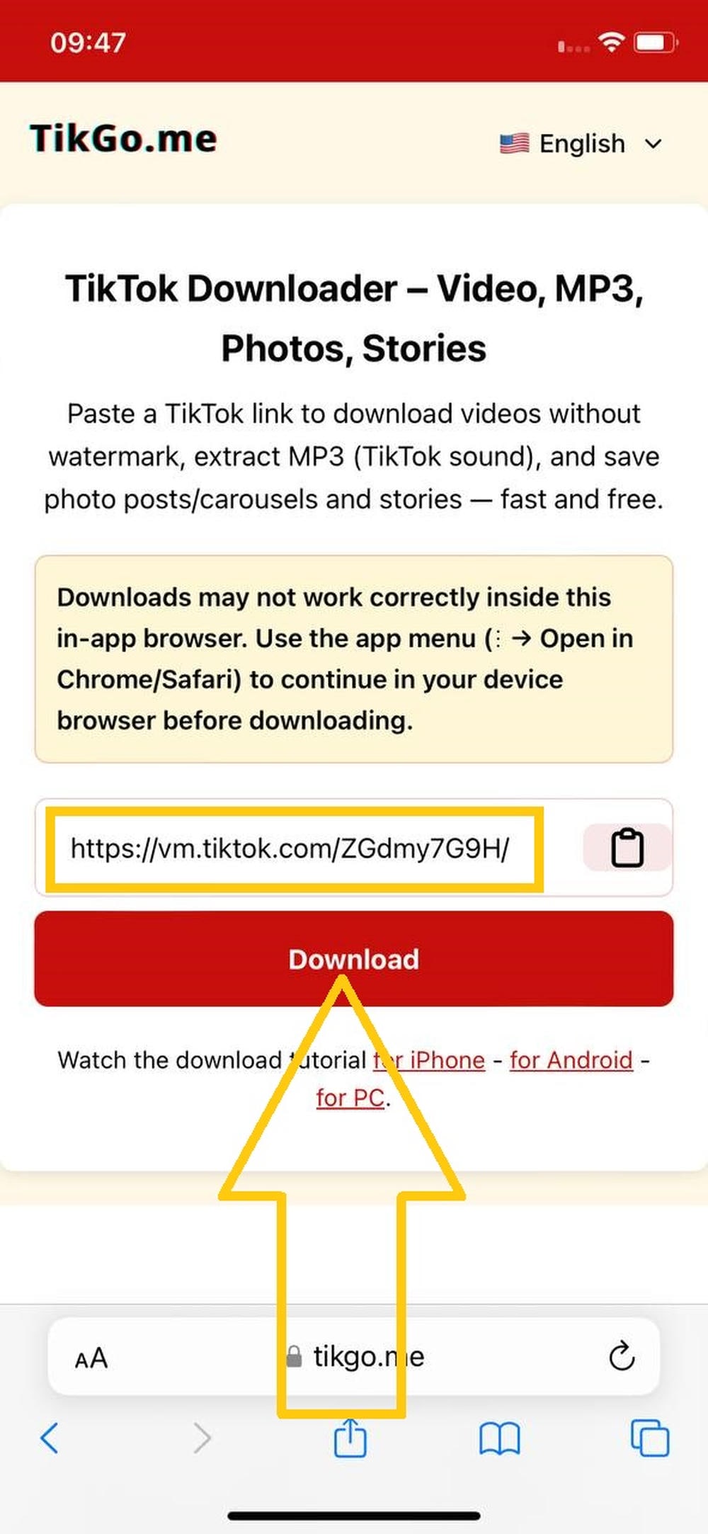 Paste link into TikGo